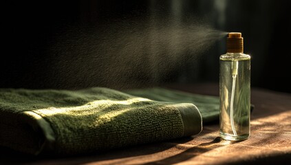 A clear glass perfume bottle, light olive-green towel, and mist of spray, are captured in a dimly lit, close-up scene.  Sunlight filters in, illuminating the textures