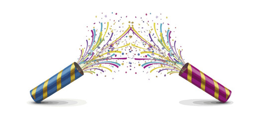 Colorful party poppers exploding with confetti