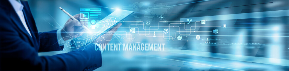 The content manager team is using tablets and analysis content management systems, publishing workflows. collaboration automation SEO optimization digital asset integration, and monitoring.