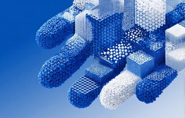 Wall Mural - A blue and white image of a hand made of blocks. background medical health concept.