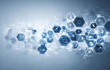 Wall Mural - A blue background with many hexagonal shapes and icons. background medical health concept.