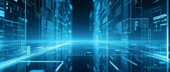 Digital binary code lines form a futuristic network on an abstract blue background