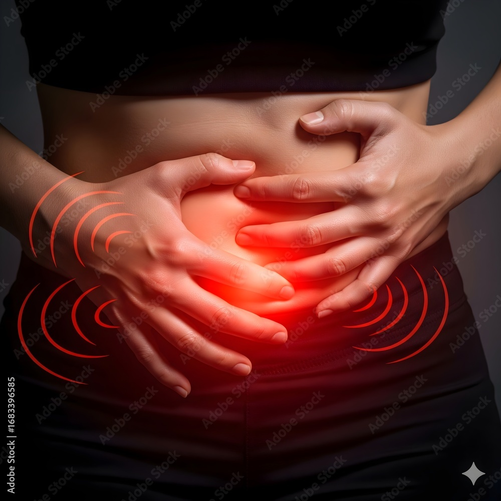 Woman suffering from severe stomach ache and holding her abdomen. Concept  of menstrual cramps, period pain, indigestion, gastritis, or digestive  system problems and discomfort Stock Photo | Adobe Stock, image size:1000x1000