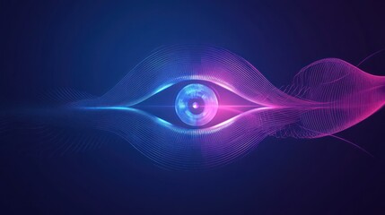 Wall Mural - Abstract eye design with glowing details, wave patterns and a deep blue and purple color scheme