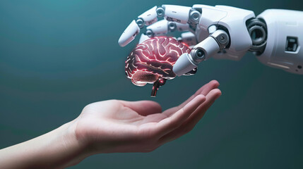 robot hand and human hand holding flying brain, artificial intelligence, thinking, consciousness, cyborg, android, future, science, scientific background, nervous system organ, anatomy