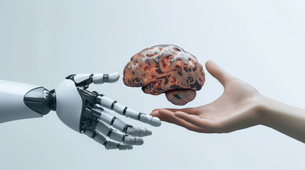 robot hand and human hand holding flying brain, artificial intelligence, thinking, consciousness, cyborg, android, future, science, scientific background, nervous system organ, anatomy