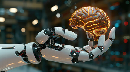 robot hand holding flying brain, artificial intelligence, thinking, consciousness, cyborg, android, future, science, scientific background, nervous system organ, anatomy
