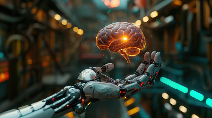 robot hand holding flying brain, artificial intelligence, thinking, consciousness, cyborg, android, future, science, scientific background, nervous system organ, anatomy