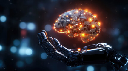 robot hand holding flying brain, artificial intelligence, thinking, consciousness, cyborg, android, future, science, scientific background, nervous system organ, anatomy