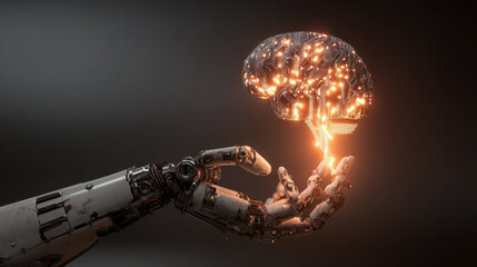 robot hand holding flying brain, artificial intelligence, thinking, consciousness, cyborg, android, future, science, scientific background, nervous system organ, anatomy