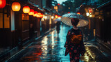 Woman in kimono walking under umbrella on rainy japanese street at night