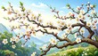 © Haza - A springtime scene showcases a blossoming tree laden with delicate white flowers against a backdrop of rolling mountains and lush greenery.