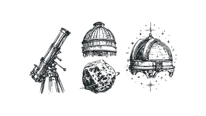 Wall Mural - Hand-drawn celestial objects and observatory domes on transparent background. Vector hand drawn illustration