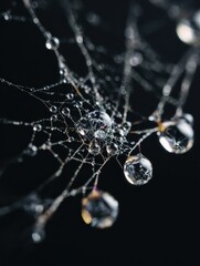 extreme macro photograph of a delicate spiders web with fine water droplets on black background