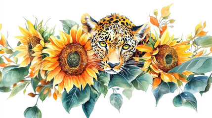 Bright flowers sunflowers, floral leopard isolated white background. Watercolor botanical illustration for floral design