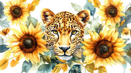 Bright flowers sunflowers, floral leopard isolated white background. Watercolor botanical illustration for floral design