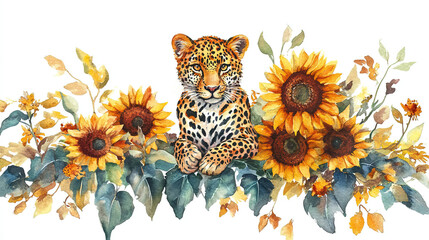 Bright flowers sunflowers, floral leopard isolated white background. Watercolor botanical illustration for floral design
