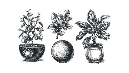 Line drawing of three potted plants and sphere on white. Vector hand drawn illustration