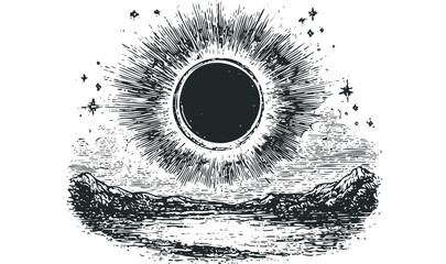 Wall Mural - Graphic representation of solar eclipse over mountains and water. Vector hand drawn illustration