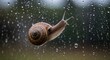 © sri - Close-up of a snail clinging to a wet pane of glass, showcasing its textured shell and extended eye stalks against a blurred, rainy backdrop