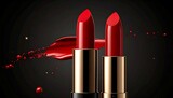 Two red lipsticks on a black background with splashes of red