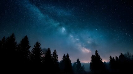 Wall Mural - the stunning milky way galaxy arches across a dark star filled night sky above a silhouette of tall 