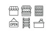 © Framezy - hand drawn cute doodle style line isolated on white background: storefront awning market stall product shelf open sign display rack shop