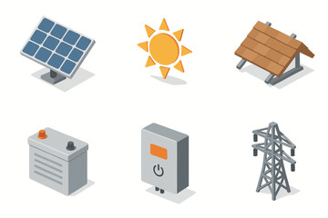 isometric icon items isolated on white background solar panel sun ray roof mount battery pack inverter box power line
