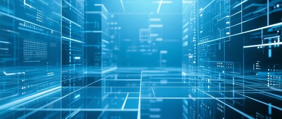 Abstract blue technology background with a digital network pattern and futuristic binary code