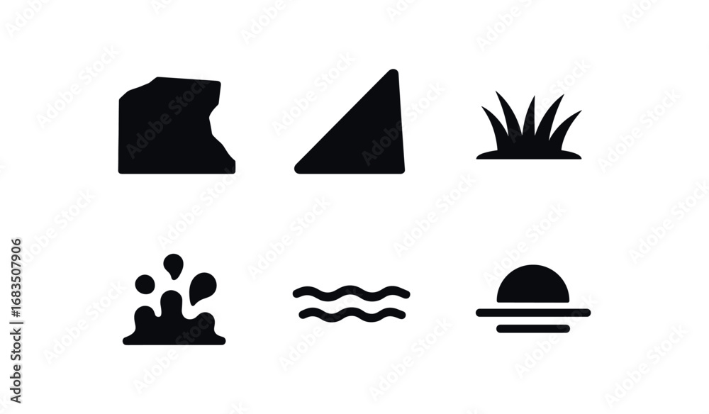 flat black solid icon items isolated on white background: coastal bluff ...