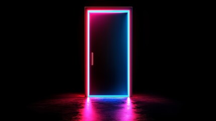 Wall Mural - Door with neon lights on it. The door is in a dark room