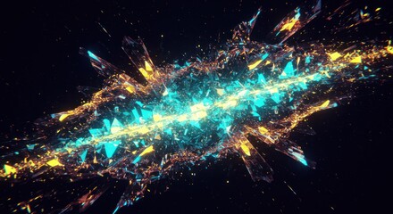 A vibrant display of fractured, luminous fragments, exploding across a dark background, showcasing a dynamic interplay of turquoise and amber hues.