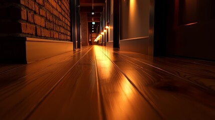 Wall Mural - hallway with a brick wall and wooden floors. the floor is shiny and the light is on