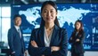 © Deja - a Confident Business Leader in Front of Diverse Team with Digital World Map