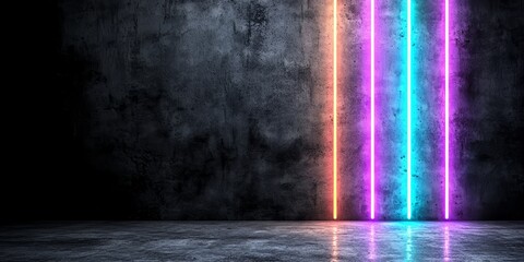 Wall Mural - Neon sign with three different colored lights. The sign is on a wall and is surrounded by a dark background. The neon lights are bright and colorful, creating a vibrant and energetic atmosphere