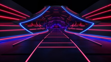 Wall Mural - Neon tunnel with red and blue lights. The tunnel is dark and the lights are bright. The tunnel is long and narrow