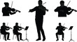 © Sumia Art - Black silhouette illustration of violin players performing music, orchestra musicians standing and sitting, classical string instruments, vector art for concert, symphony design