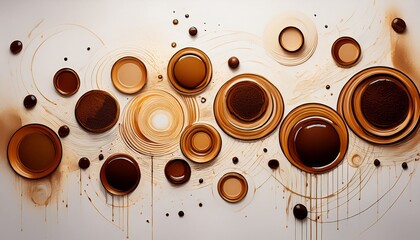 different coffee spots are scattered on the surface thus rings of different sizes and intensities some spots are sharp and clear while others are more diffused against the white background ai