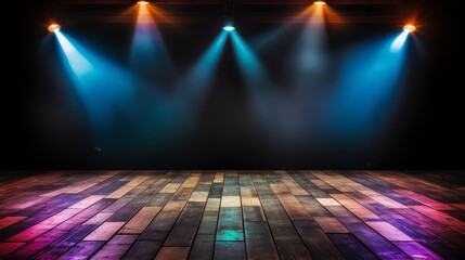 Wall Mural - stage with lights and a wooden floor. the lights are colorful and the stage is empty. scene is brigh