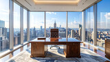 Elegant brown office overlooks NYC skyline. Stately furniture and light-filled window; use for branding, real estate, presentations.
