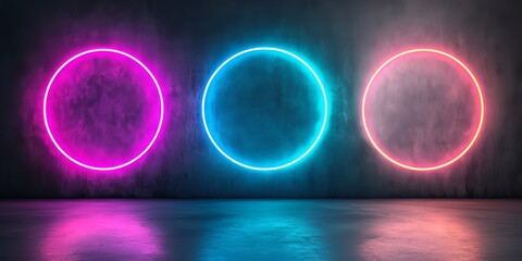Wall Mural - Three neon colored circles are lit up in a room. The circles are different colors, with one being pink, one being blue, and one being purple. The room is dark and the circles are glowing brightly