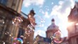 © Afsana - Dreamy Photograph of Soap Bubbles Floating Over Rome Architecture in Golden Sunset Light, Magical Travel Concept