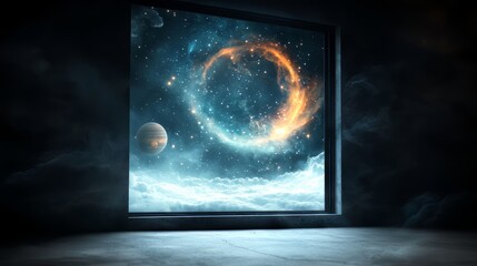 Wall Mural - Window with a planet and a star in the background. The window is dark and the sky is filled with stars