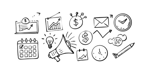A set of hand-drawn sketch icons for web and business communication