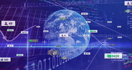 Wall Mural - Displaying 3D Earth globe rotating in network, showing social icons, analytics graphs, binary code