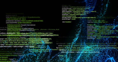 Wall Mural - Displaying 3D particle network flowing in data visualization scene, with semantic code overlay