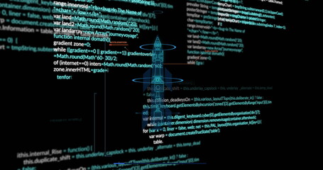 Showing dark IDE displaying JavaScript code on computer screen, with wireframe rocket
