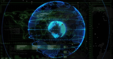 Wall Mural - Displaying glowing blue holographic globe in computer control interface, with binary code streams