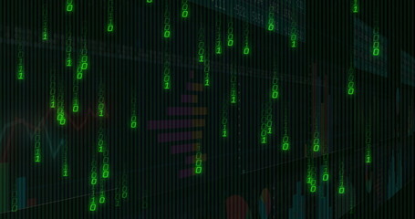 Wall Mural - Displaying green binary streams on digital dashboard, with bar graphs, line charts, grid overlay