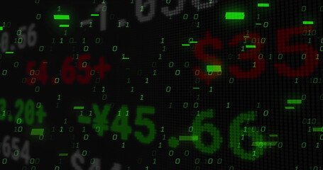 Wall Mural - Displaying +45 cluster streaming green binary digits on dark pixel grid display, with red figures